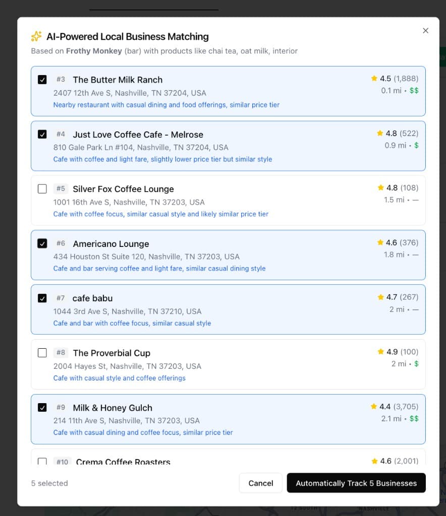 FeedbackLedger AI-powered local business matching modal showing similar Nashville businesses, why each one fits, ratings, distance, and selected businesses to track automatically.