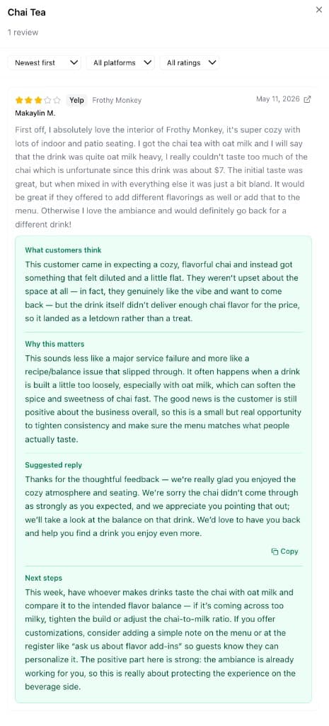 FeedbackLedger coaching insight for a chai tea review. It explains what customers think, why the feedback matters, suggests a reply, and recommends next steps to improve the drink while preserving the positive ambiance experience.